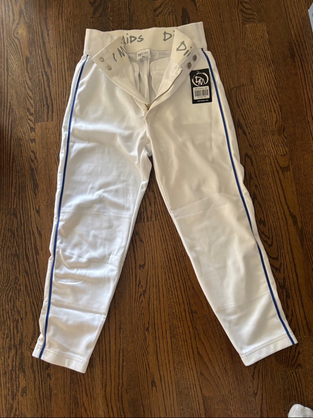 Men's White Baseball Pants with Blue Side Piping